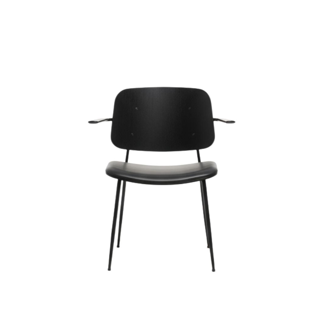 Fredericia Søborg Stol m. armlæn 3070 af Børge Mogensen - Sortlakeret Eg, Sort lædersæde