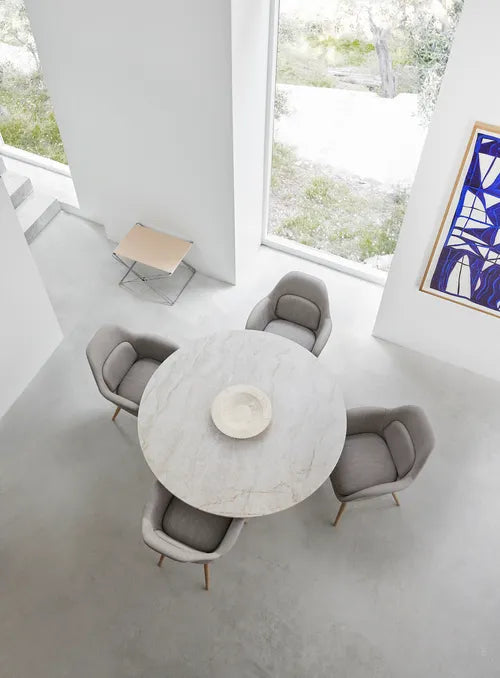Fredericia JG spisebord 6568 Ø140 - Sten Kvarsit Ivory / Rustfri stål børstet